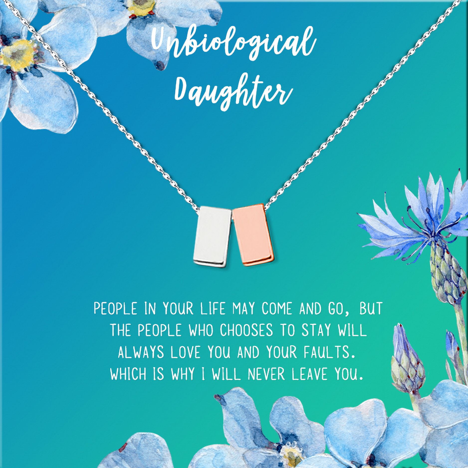 Anavia Unbiological Daughter Jewelry, Step Daughter Necklace Gift, Bonus Daughter Birthday Card Gift, Gift from Step Mom-[Silver and Rose Gold Double Cube, Bright Blue Gift Card]
