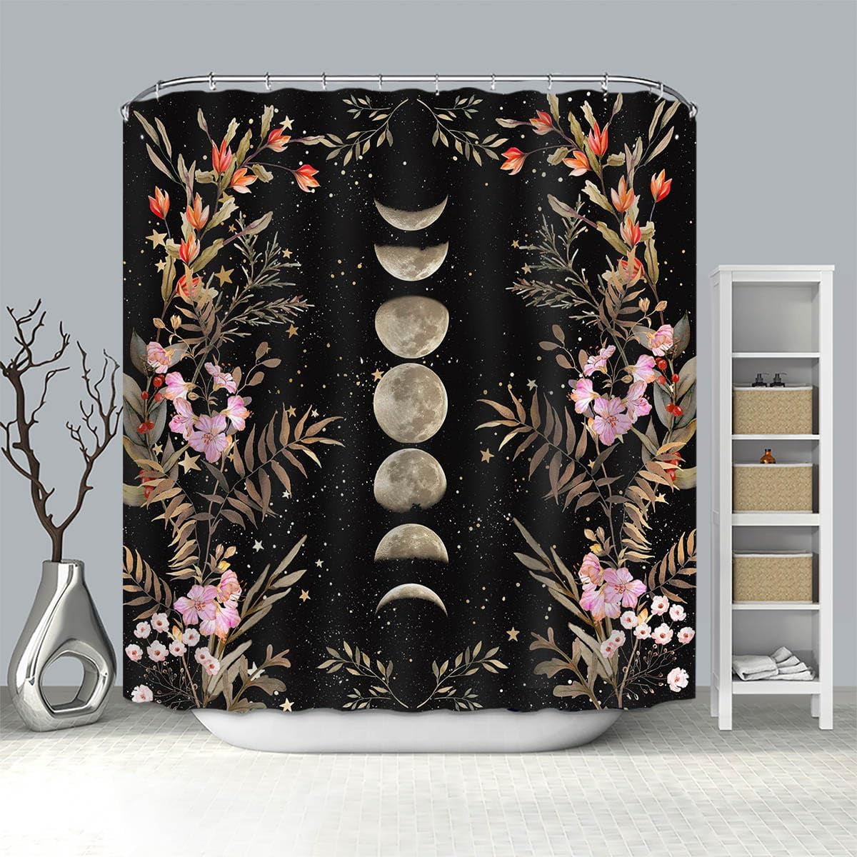 Moon Shower Curtain Floral Shower Curtain with 12 Hooks Black Witchy Gothic Aesthetic Bathroom Decor Waterproof Fabric Shower Curtain, 72''''X72''''