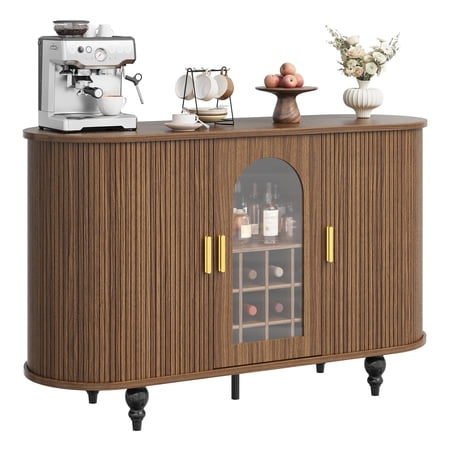 Bar Cabinet with Storage Liquor Bar Cabinet with Sliding Door | Mid Century Modern Buffet Cabinet with Detachable Wine Rack & Glass Holder for Living Room Kitchen Entryway Walnut