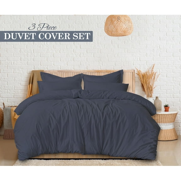 RUVANTI Dark Grey Duvet Cover Queen Size - Soft Egyptian Cotton Duvet Cover Set 3 Pieces with Button Closure, 1 Duvet Cover 92x96 inches and 2 Pillow Shams .