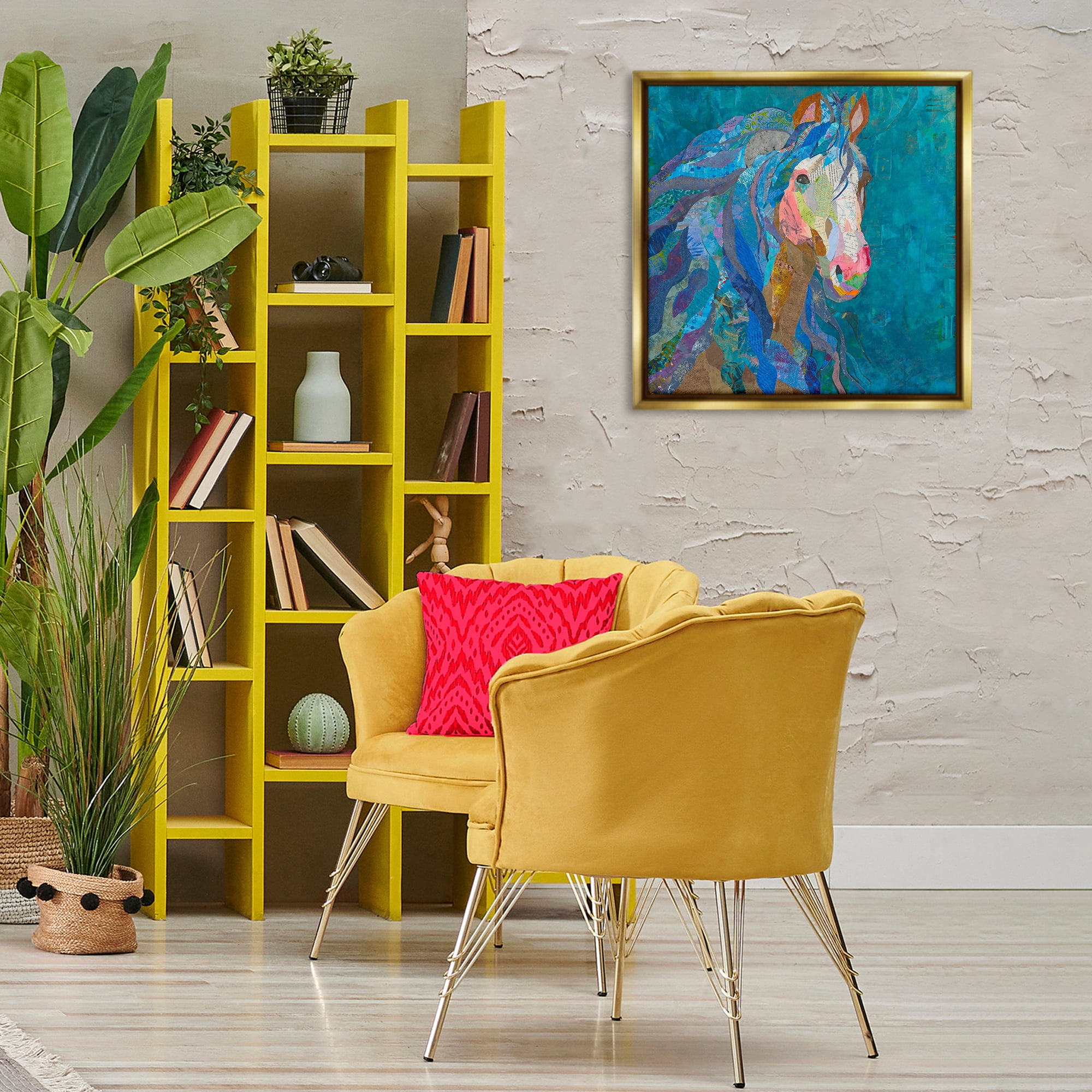 Stupell Industries Blue Collaged Pegasus Animals Painting Gold Floater Framed Canvas Art Print Wall Art, 25 x 25