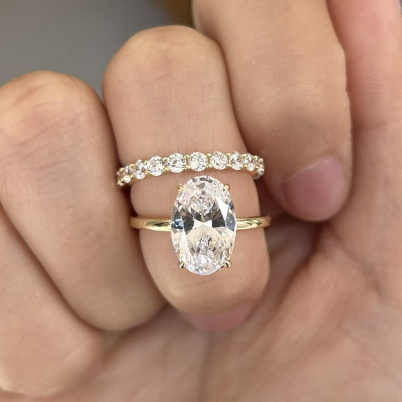 Oval Cut 3.5ct Hidden Halo Sterling Silver Engagement Ring Set with Eternity Wedding Band, Wedding Bridal Set for Her