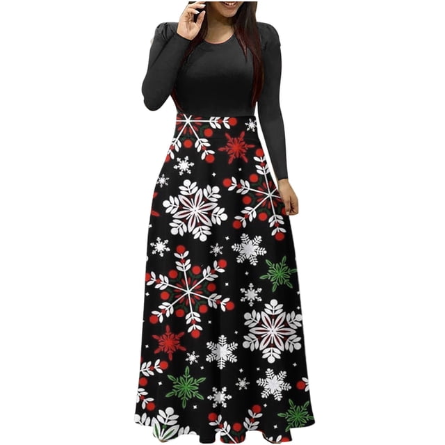 Vestidos Para Mujer Vestidos de Otoño Tallas Grandes Estampado Navideño Manga Larga Cuello Redondo Hasta El Tobillo Vestido Largo Odeerbi ODB151618