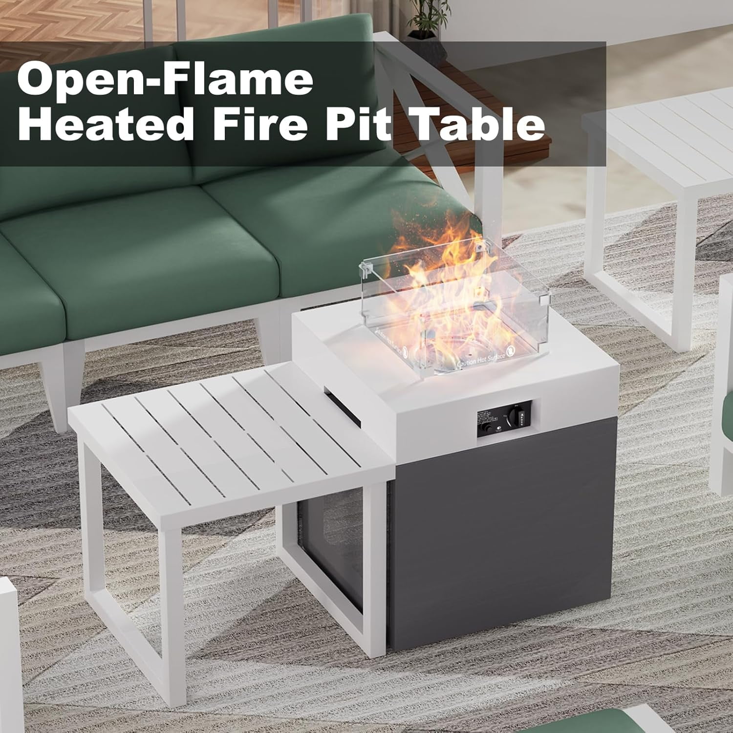 JXXM 22" Outdoor Aluminum Gas Fire Pit Table, 37,000 BTU, with Lid, Glass Wind Guard, Fire Glass, and Waterproof Cover, CSA Certified–White
