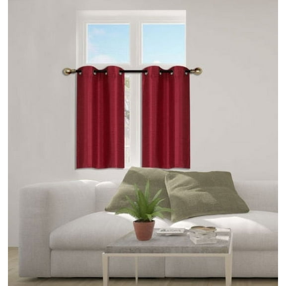N25 Burgundy 1-Set Solid Faux Silk Grommet Top Small Window Curtain, 2 Semi Sheer Tier Panels 30" W x 36" L (Each Tier)