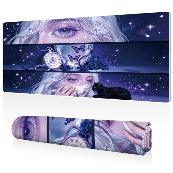 LIVEKEY Fantasy Woman Mouse Pad 80x40x0.3cm Blue Eyes White Hair Cat Starry Sky Design Full Desk Coverage Non Slip Durable Easy Clean Stitched Edges for Gaming Office
