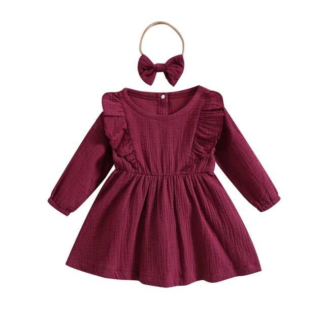 SUNSIOM Toddler Girls 2 Piece Outfits Solid Color Ruffle Long Sleeves A-Line Dress and Headband for Party Cute Clothes