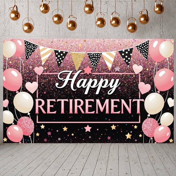 Pink Heart Theme Retirement Banner Gold Stars Design Happy Retirement Display Glittery Black Background Retirement Party Backdrop for Retirement Party Indoor Celebration Photo Shoot