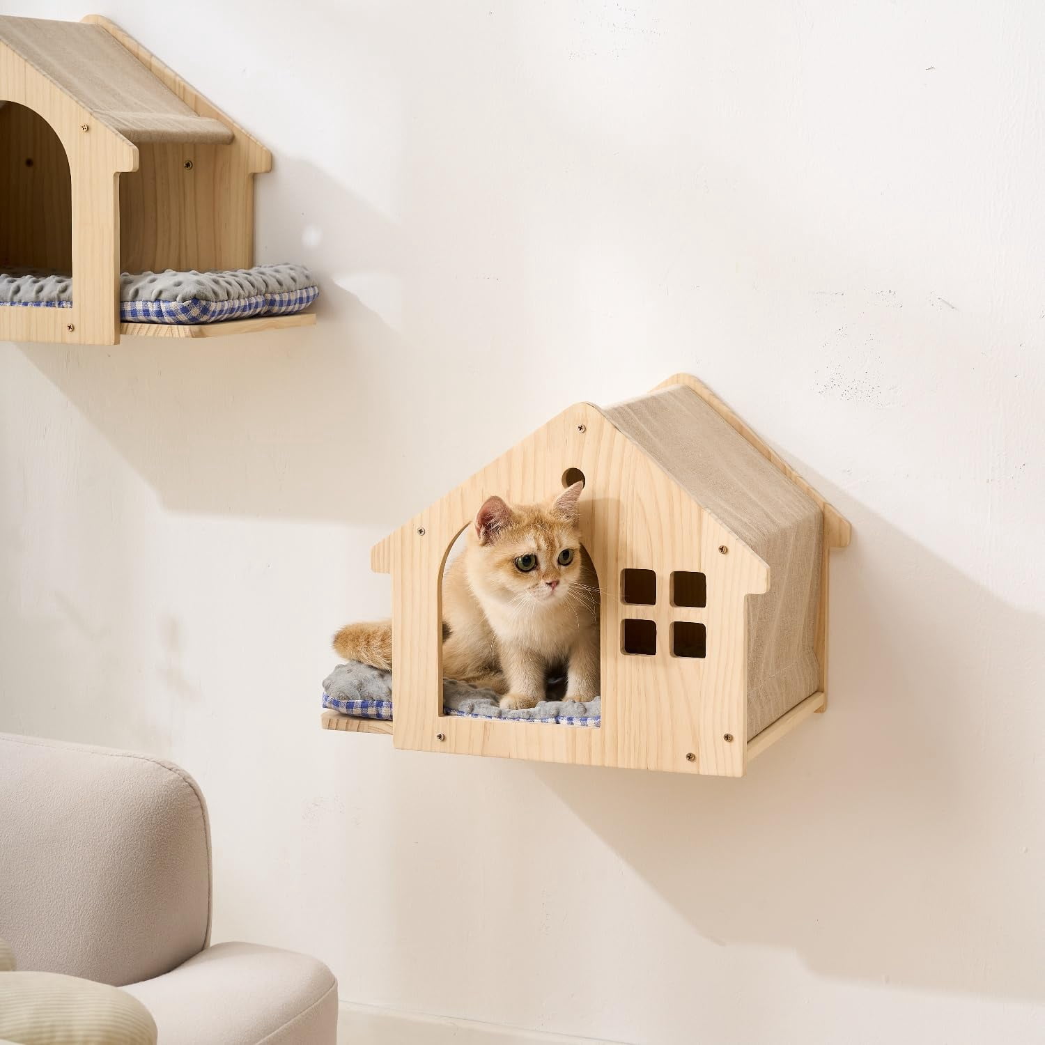 Wood Cat Wall Shelves Bed  2-pack Wall-mounted Box Condo House Perch Furniture With Washable Pillow Cushions