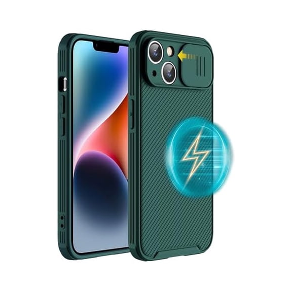 Saluqifa for iPhone 14 Plus Case Compatible with Magsafe, iPhone 14 Plus Camera Protection Case [Support Wireless Charger] with Slide Lens Cover,Slim Magnetic Case for iPhone 14 Plus 6.7" Green