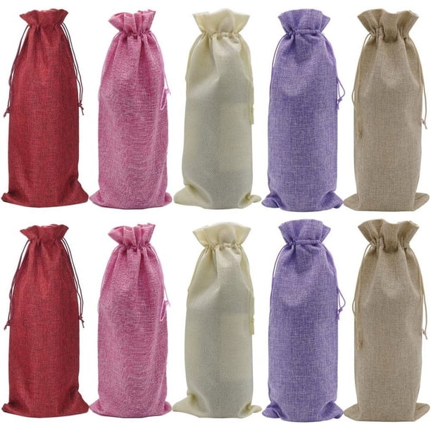 Paquete de bolsas de arpillera para botellas de vino con cordón, 10 unidades, 5 colores, bolsas de yute de lino reutilizables para regalo, bolsas de arpillera para envolver botellas (14,4 ×