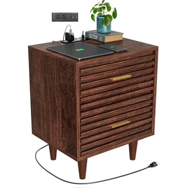 Alohappy Nightstand with Charging Station, Mid-Century Modern Bed Side Table/Night Stand with 2 USB Ports/Outlets, Wood Accent End Table with 2 Drawers Storage Cabinet for Bedroom, Living Room