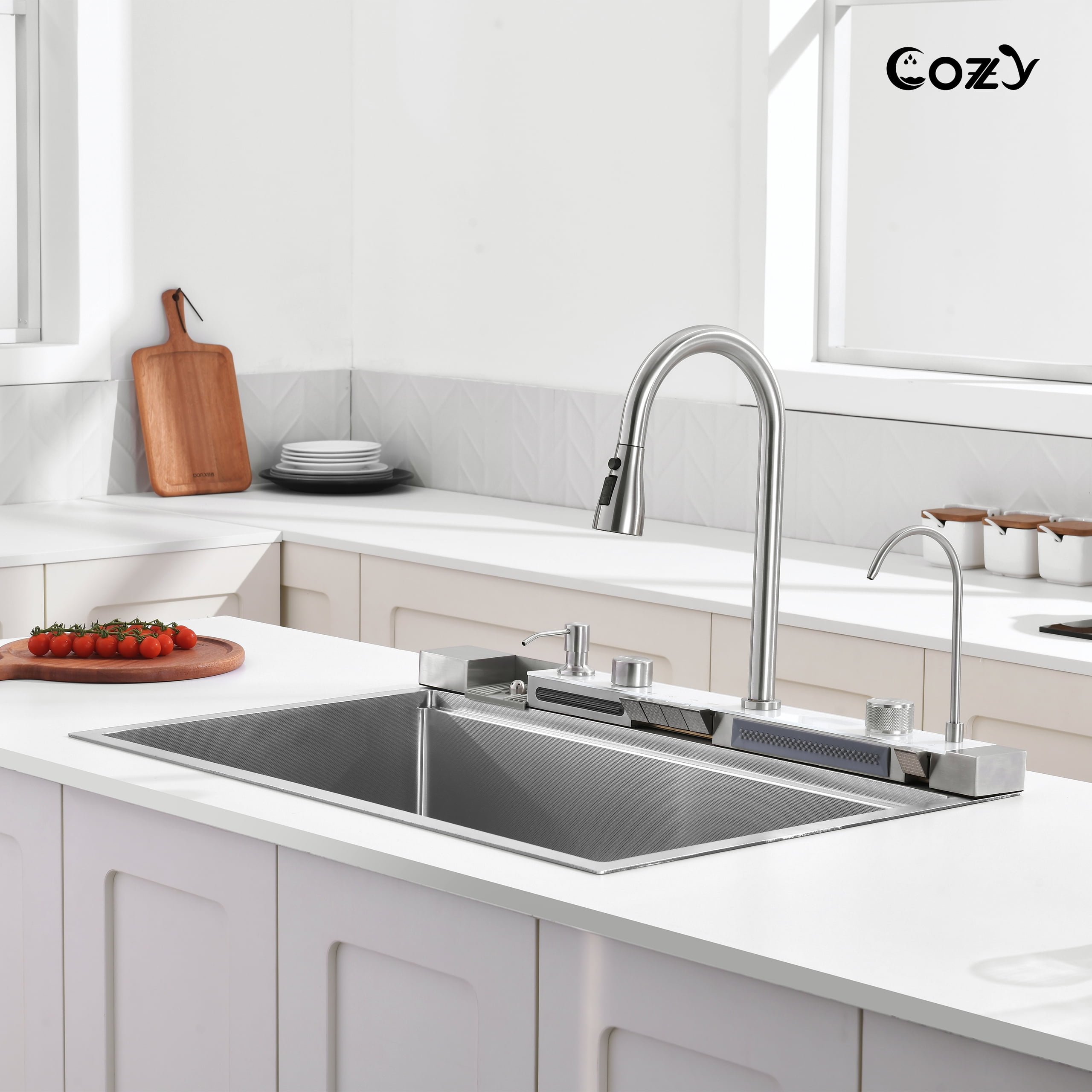 33″×22″ Stainless Steel Single Bowl Kitchen Sink, Brushed Waterfall Workstation with Flying-Rain Faucet, Sprayhead, Cup Washer, 1 pack, SS-BR06-332212