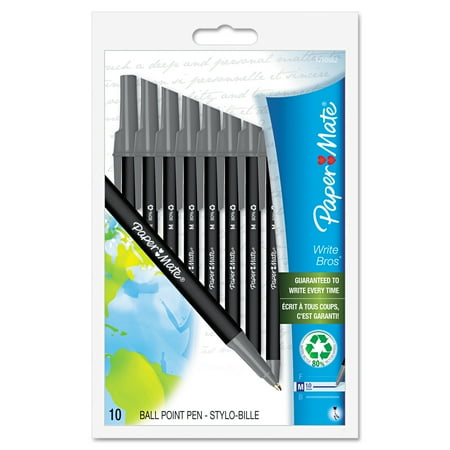 Paper Mate Write Bros Recycled Ballpoint Stick Pen, Black Ink, Medium, 10/Pack