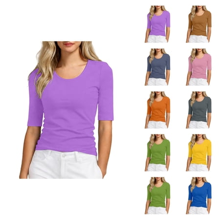 Half Sleeve T Shirts for Women Summer Scoop Neck Plain Casual Slim Fit Undershirts Basic Tees
