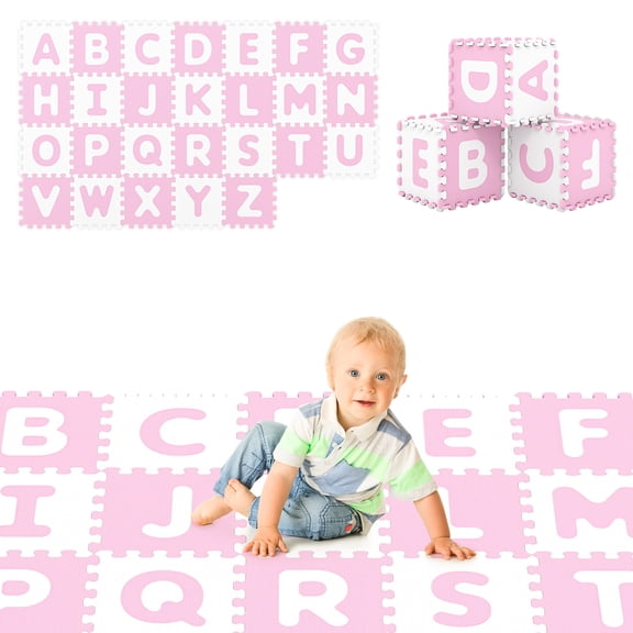 Gymax 26 PCS 12 5'' x 12 5'' Interlocking ABC Play Mats w/Detachable Letters for Kids Pink & White