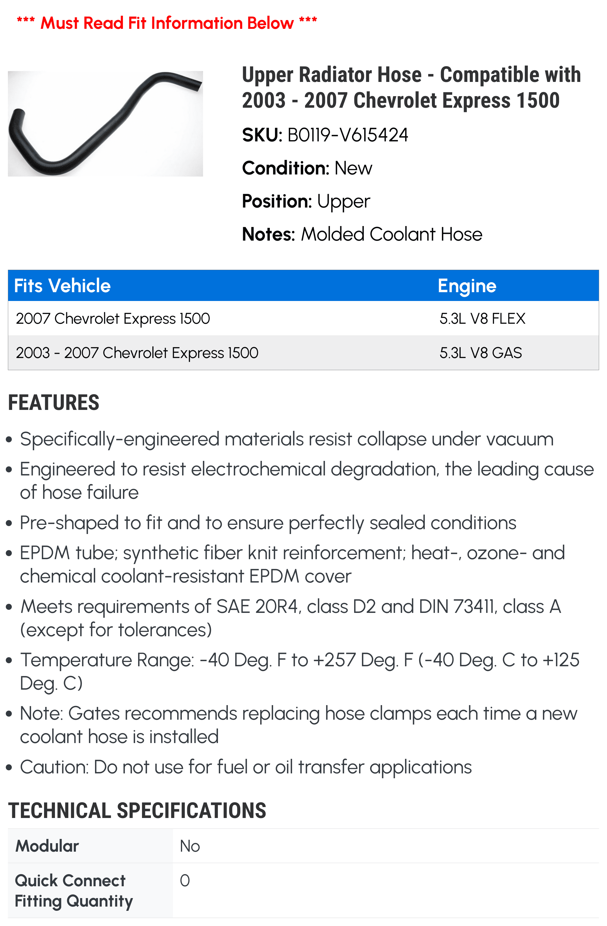 Upper Radiator Hose - Compatible with 2003 - 2007 Chevrolet Express 1500 - Gates