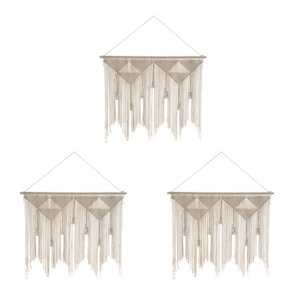 3X Macrame Wall Hanging Boho Woven Tapestry, Beige White Tassel Decor Curtain for Home Backdrop(Wood Stick Not Included)