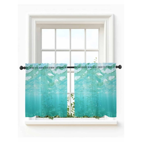 Teal Coastal Tier Curtains 24 Inch Length,Sheer Curtains for Bedroom Living Room Window Summer Beach Ocean Seawater Nautical Rod Pocket Drapes Kitchen Curtains Small Half Window 27.5"x24" 2 Panels