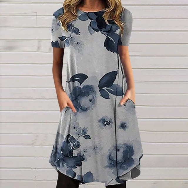 Fankiway Mode Femmes Robe Décontractée Col Rond Imprimé Manches Courtes avec Poche Robes d'Été pour Femmes Robes Grande Taille Liquidation