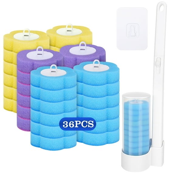 Armscye 38 Pcs Disposable Toilet Brush with Refill Heads, 36 pcs Scrubbing Pads & Wall Mounted Holder, Hygienic Splash-Free Design for Bathroom, Easy-Clip Refill Heads