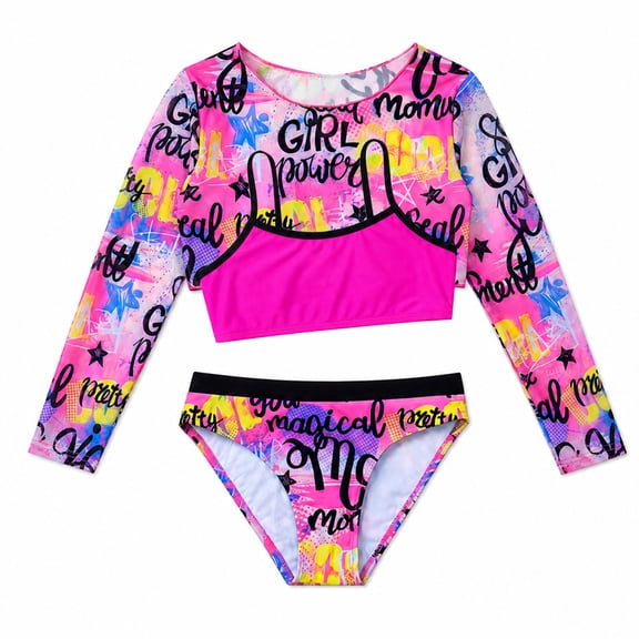 Girls 3-Piece Bikini Swimsuit Set with Long Sleeve Mesh Top Vibrant Color Print Swimwear Size 9-10Y
