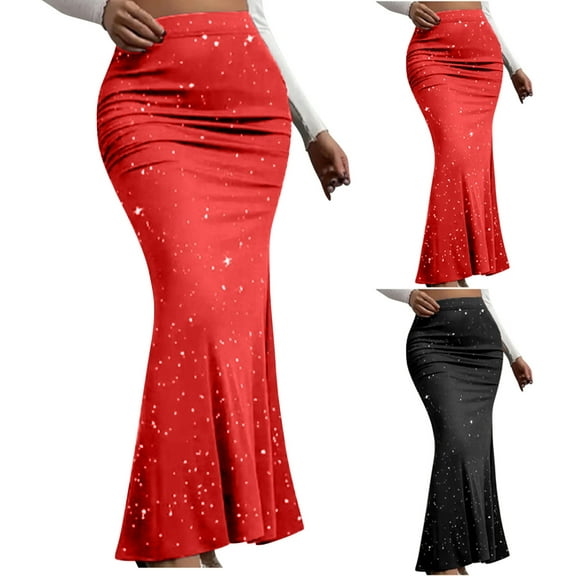 YHAJDS Women's Casual Dress,Women's Midi Skirt Sequin Elastic Waist Mid Calf Length Skirt Sparkly Casual Fall Outfit Comfortable Fashionable Evening Party Daily Wear