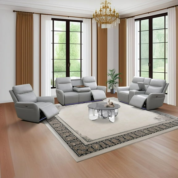 Power Recliner Sofa Set with LED, Breathing Leather Reclining Sofa Set, Living Room Set Recliner Couch Loveseat with USB Port/Cup Holder/Storage for Living Room (3 Pieces Couch Set, Light Grey)