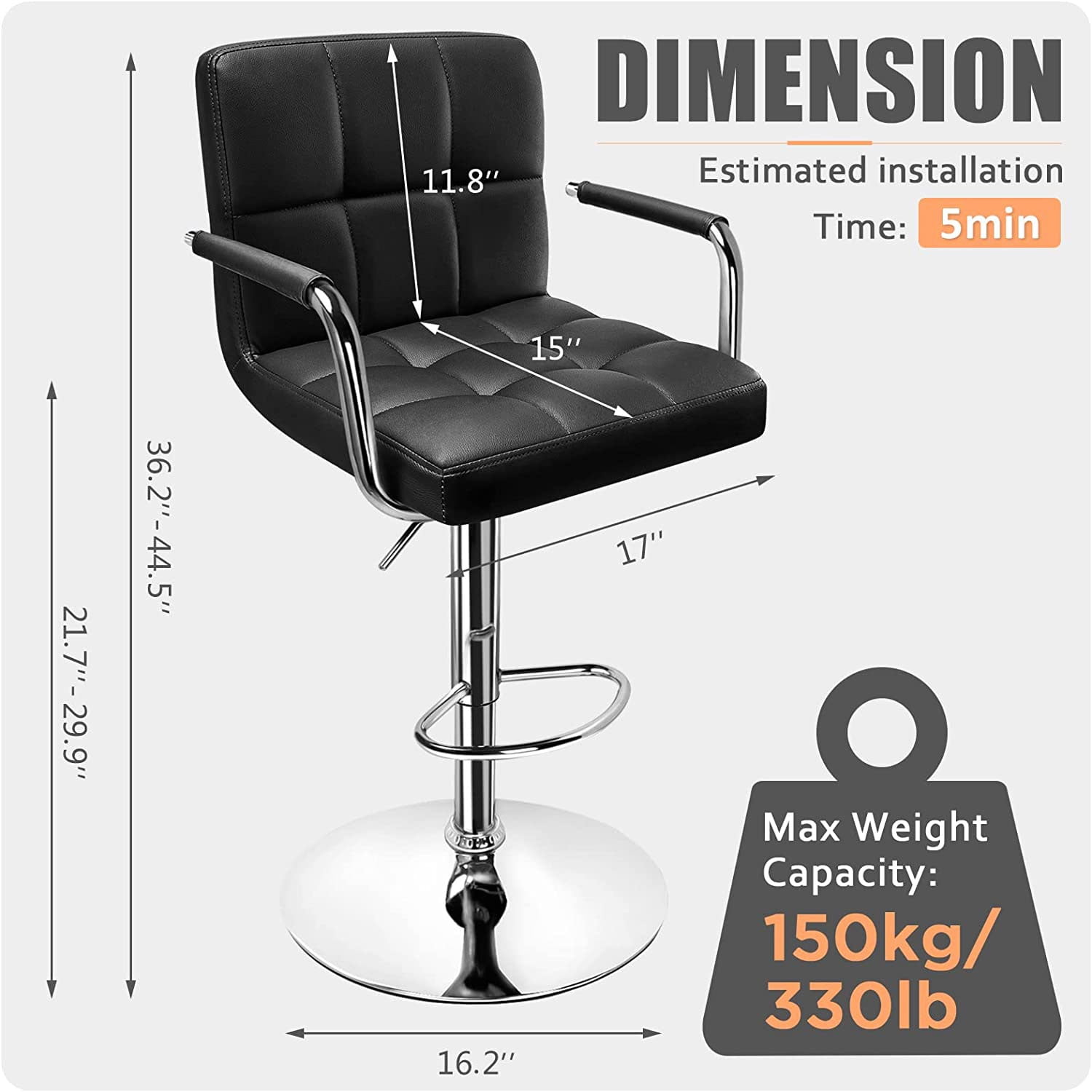 Soontrans Bar Stools Set of 2 Swivel Counter Height Stools with Arms and Back, Adjustable Island Chairs for Kitchen, Modern Barstools with Backrest and Armrest(Black, 2Pcs)
