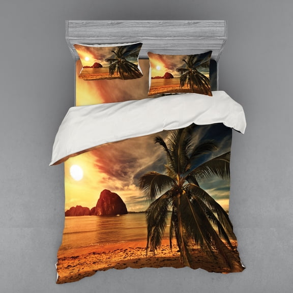 Ambesonne Beach Bedding Set 4 Pcs, Havana Seashore Sunny, Queen, Dark Green Pale Brown
