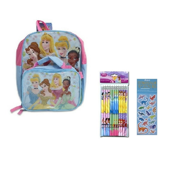 Disney Princess Toddler Backpack with Lunch Bag Bundle includes 1 Small Backpack with Lunch Bags, 12 Pencils, 1 Dinosaur Sticker Sheet