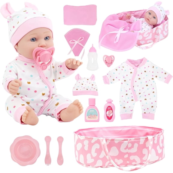K.T. Fancy Baby Doll Playset 13 Piece with Basket Accessories 12 Inch