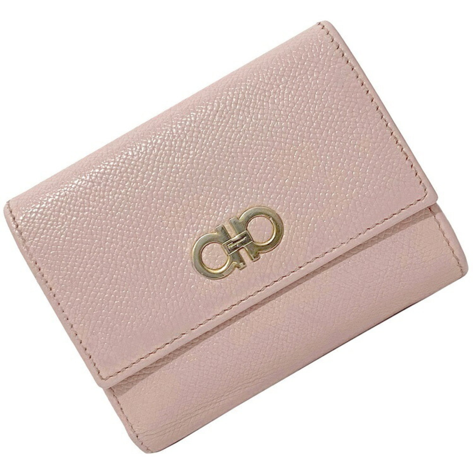 Authenticated Used Salvatore Ferragamo W Folio Wallet Pink Silver Gancini  22 C880 Double Leather Compact with Clear Pocket