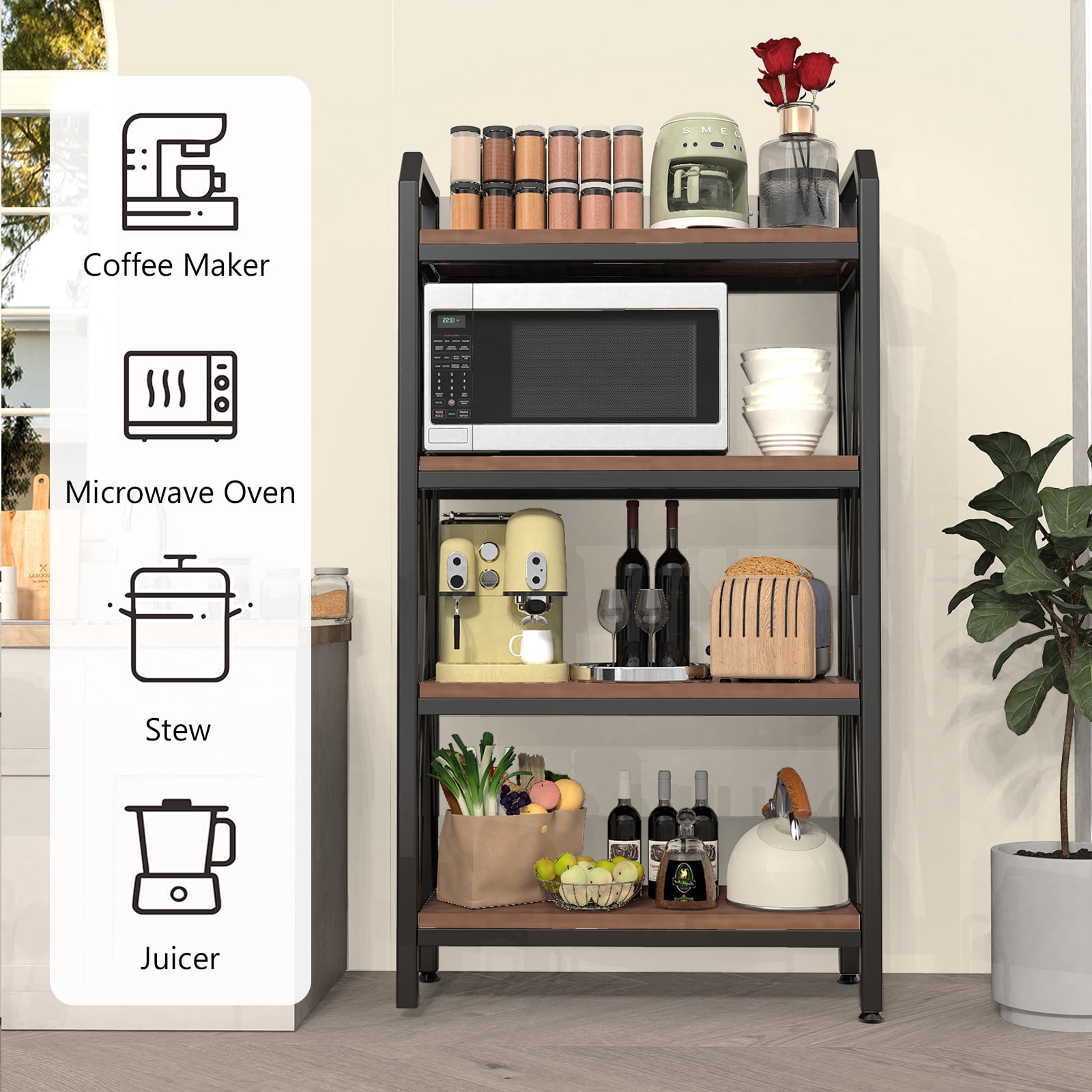 27.6"L Metal Storage Shelves,4-Tier Storage Shelves Metal and Wooden Kitchen Shelves for Garage,Pantry,Kitchen