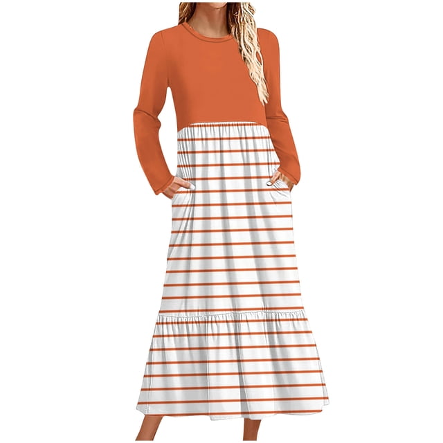 cfhntfmh Robes Maxi pour Femmes Automne Col Rond Manches Longues Robe Rayée Robe Tendance à Blocs de Couleur Robe de Détente avec Poches