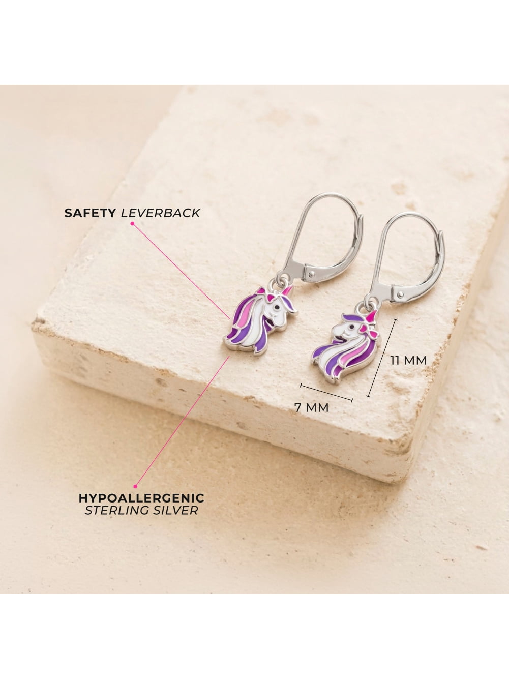 Rainbow Unicorn Dangle Children's / Girls Earrings Lever Back - Sterling Silver