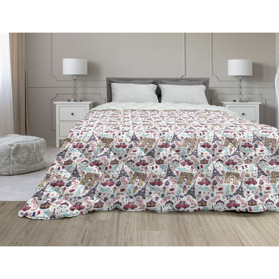 Paris Down Alternative Comforter, Floral Arrangement with Lavender Flowers on Soft Stripes City, Microfiber Quilt for All Season, 5 Sizes, Pale Green Lavender, by Ambesonne