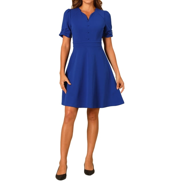 INSPIRE CHIC Robe de Bureau pour Femmes à Encolure Cœur Plissée à Manches Courtes Robe Fourreau Ligne A Bleu m