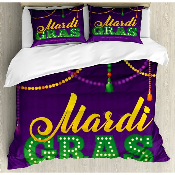 Mardi Gras Duvet Cover Set, Beads and Tassels Masquerade Theme Calligraphy Design Fun Print, Decorative 3 Piece Bedding Set with 2 Pillow Shams, Queen Size, Fern Green Marigold, by Ambesonne