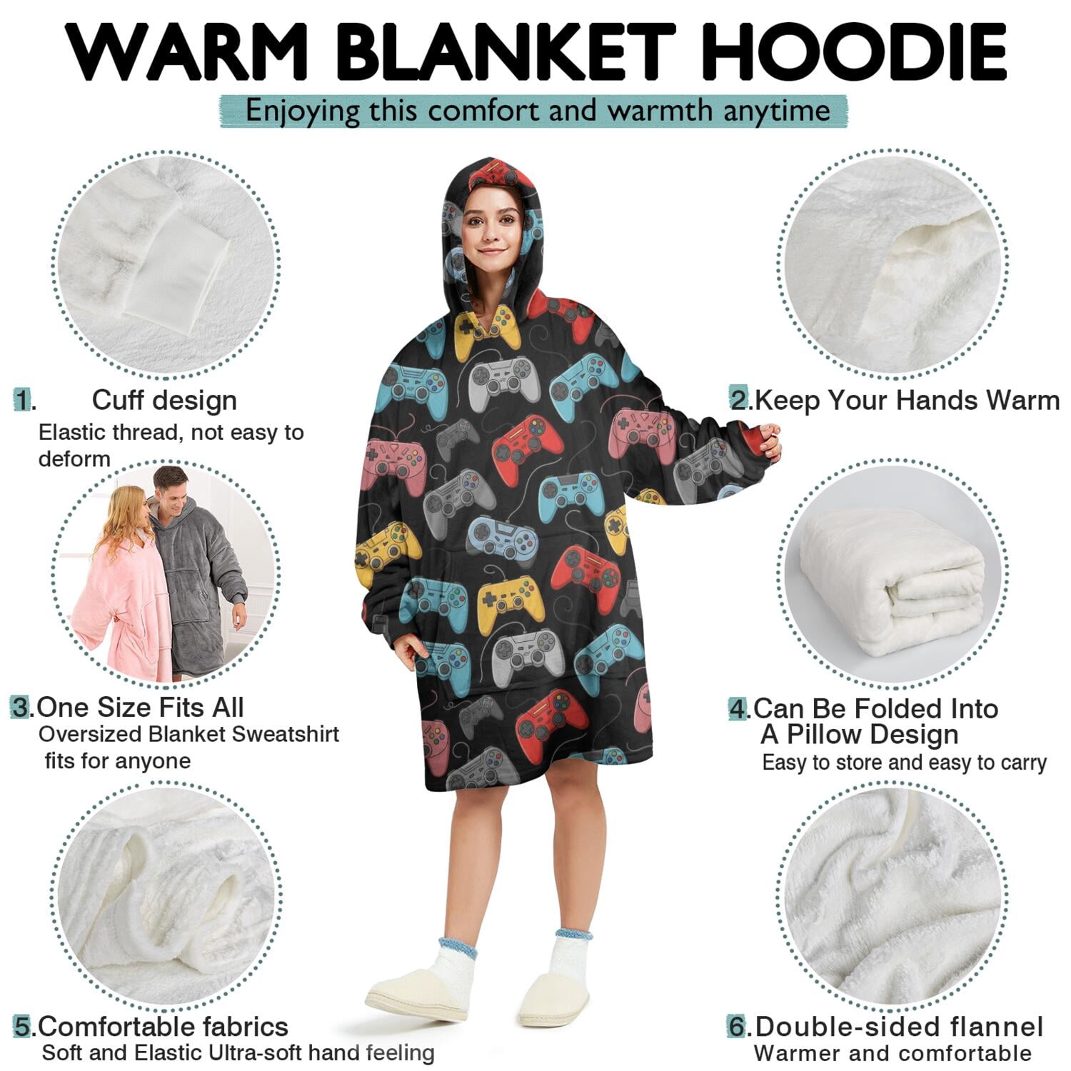 Wearable Oversized Blanket,Colorful Games Device Dark Pattern Wearable Blanket Hoodie for Adults,Cozy Hooded Blankets with Super Pockets,Super Warm Fuzzy Pullover for Women & Men