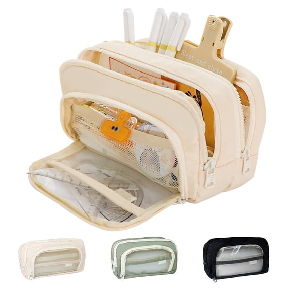 Large Capacity Zipper Pencil Pouch with Clear Window Pencil Case Multi Compartment Beige