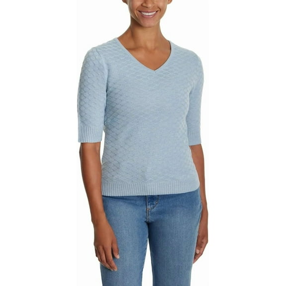 Ella Moss Women's V-Neck Elbow Sleeves Sweater Light Blue M