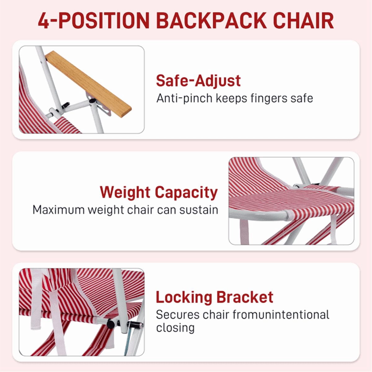 Alvantor 4-Position Backpack Beach Chair with Aluminum Frame, Wooden Armrests, Pillow and Pockets, Red Stripe