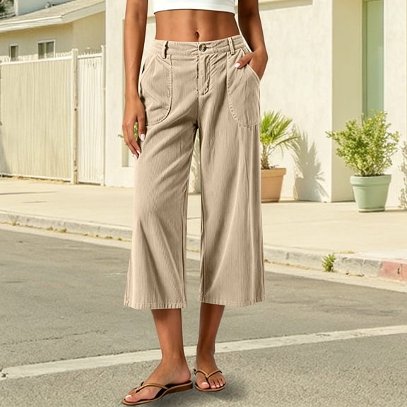 Women's Corduroy Culottes Wide Leg Cropped Pants Button Fly High Waisted Casual Capri Trousers with Pockets Flattering Vintage Style for Summer Everyday Wear