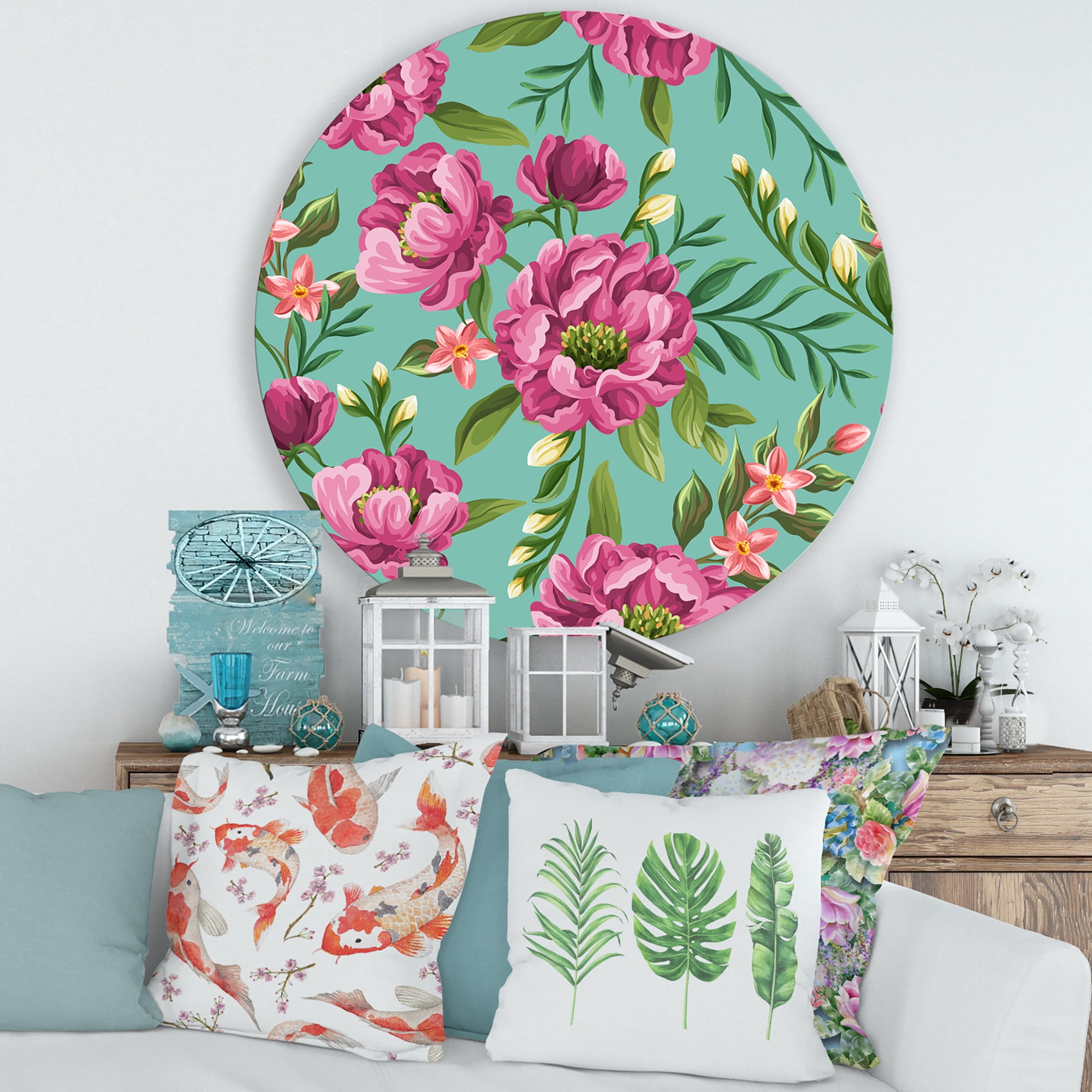 Designart 'Fuchia Pink Flowers On Green VIntage' Traditional Circle Metal Wall Art 29x29 - Disc of 29