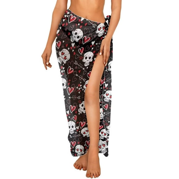 FKELYI Sarong Cover Up for Women Long Beach Skirt Wraps Vintage Skull Love Print Breathable Chiffon Fabric Swimwear Pareo Coverup for Bathing Suit for Summer Party