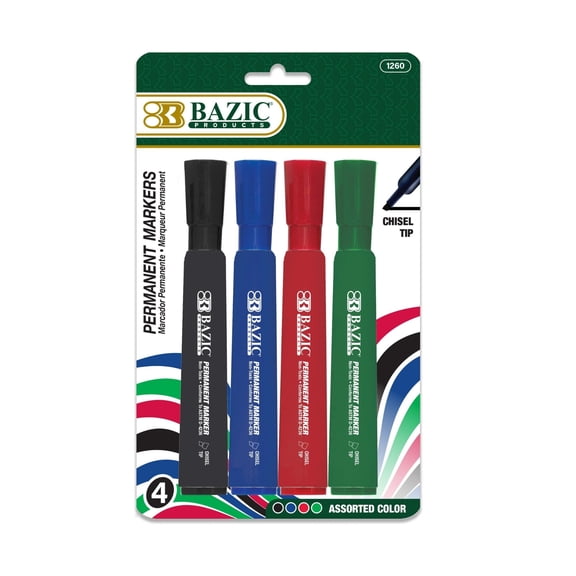 BAZIC Permanent Marker Chisel Tip, Assorted Color Markers (4/Pack), 1-Pack