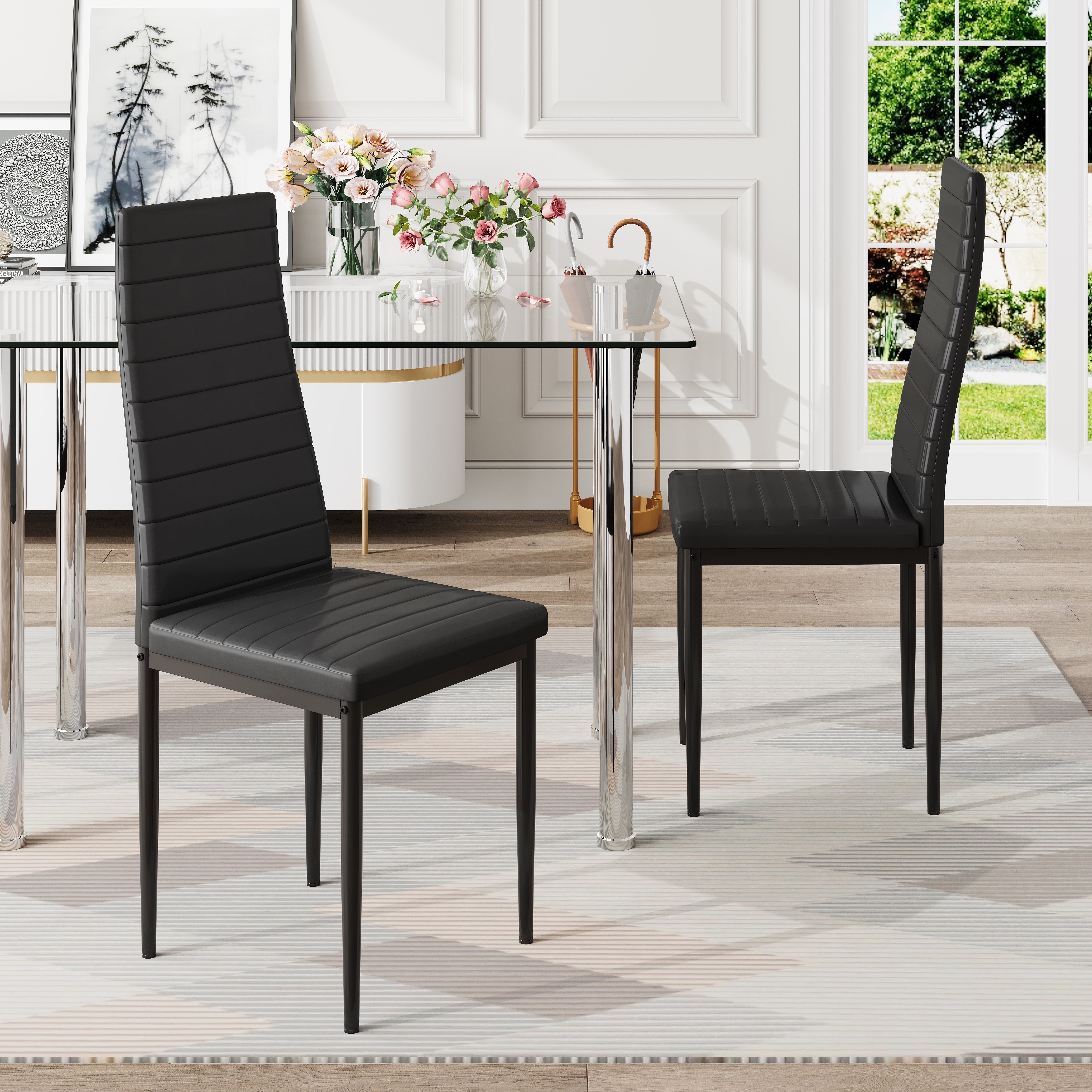 PAPROOS Dining Table Set for 4, Modern Kitchen Table Sets with Tempered Glass Dining Table and 4 PU Leather Chairs, Compact Dining Room Set for Small Space, Home Dinette Set for 4, Black