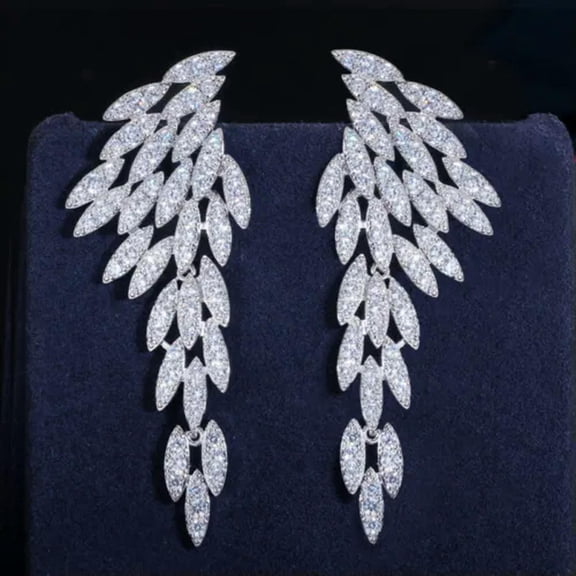 Yellow Gold Cubic Zircon 925 Silver Leaf Long Dangle Feather Wing Women Earrings