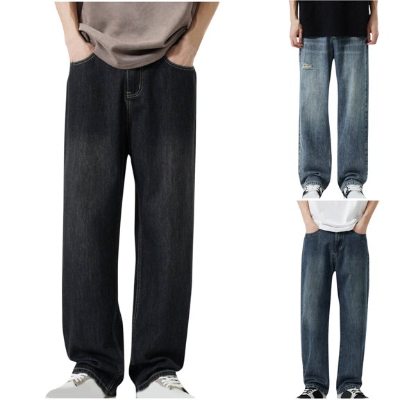 RYDCOT Men's Loose Fit Straight Leg Carpenter Jeans Baggy Wide Leg Plain Cotton Denim Pants Trousers Dark Blue